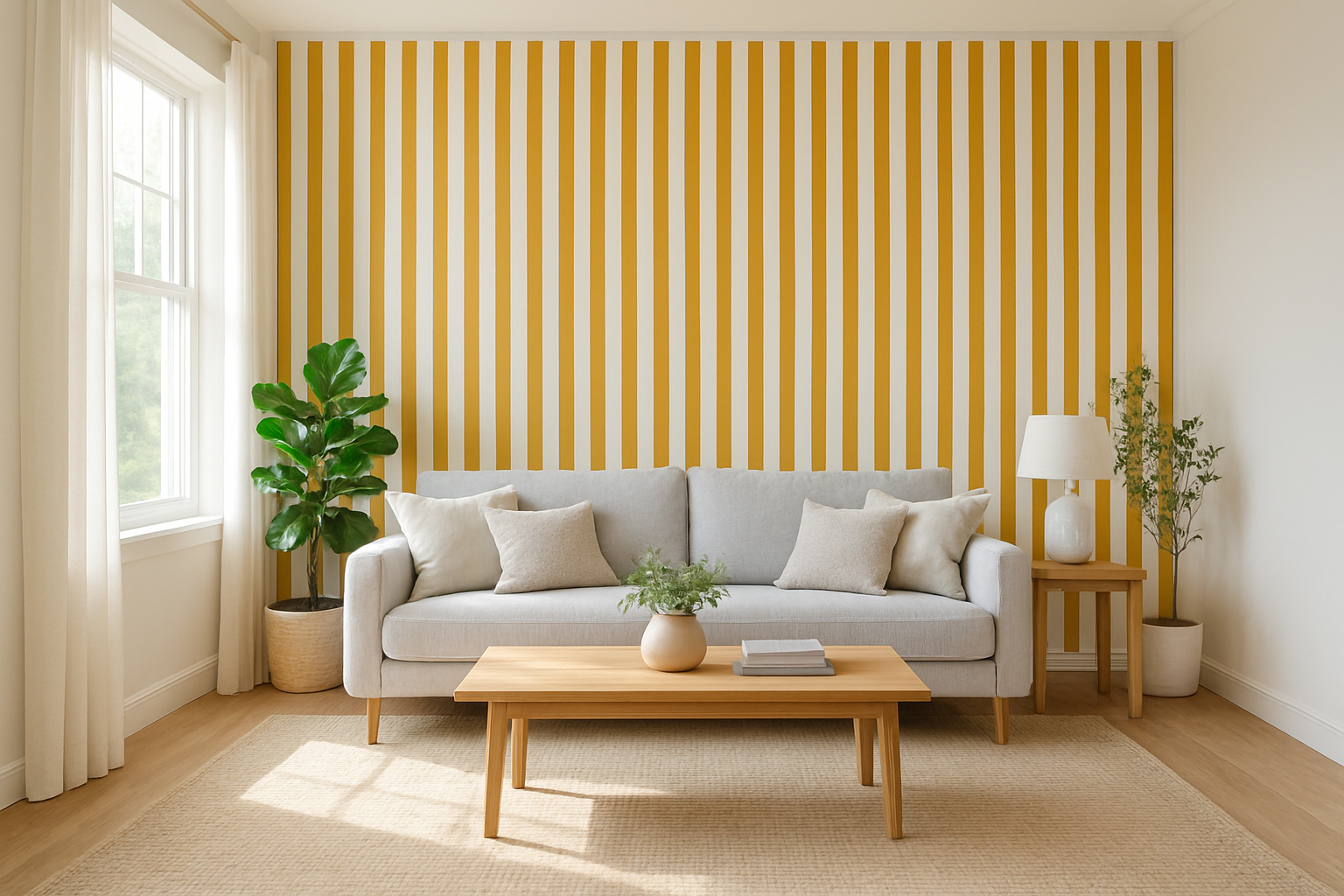 Salon lumineux avec un mur d'accent en papier peint rayures jaune moutarde et blanc, canapé gris, table basse en bois, lumière naturelle