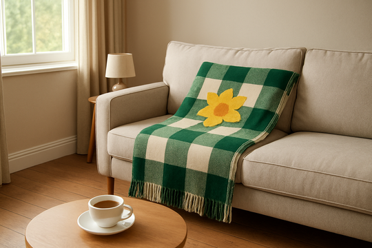 Plaid Cymru en laine à motifs tartan rouge et vert jeté sur un canapé gris dans un salon lumineux avec une tasse de thé sur la table basse