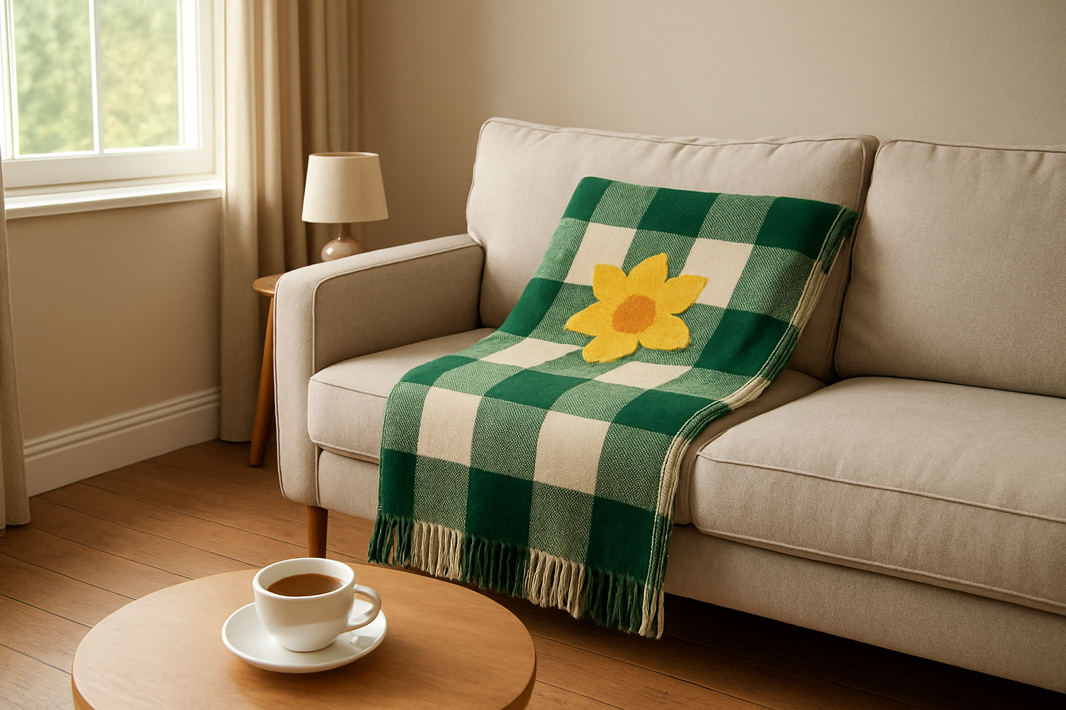 Plaid Cymru en laine à motifs tartan rouge et vert jeté sur un canapé gris dans un salon lumineux avec une tasse de thé sur la table basse