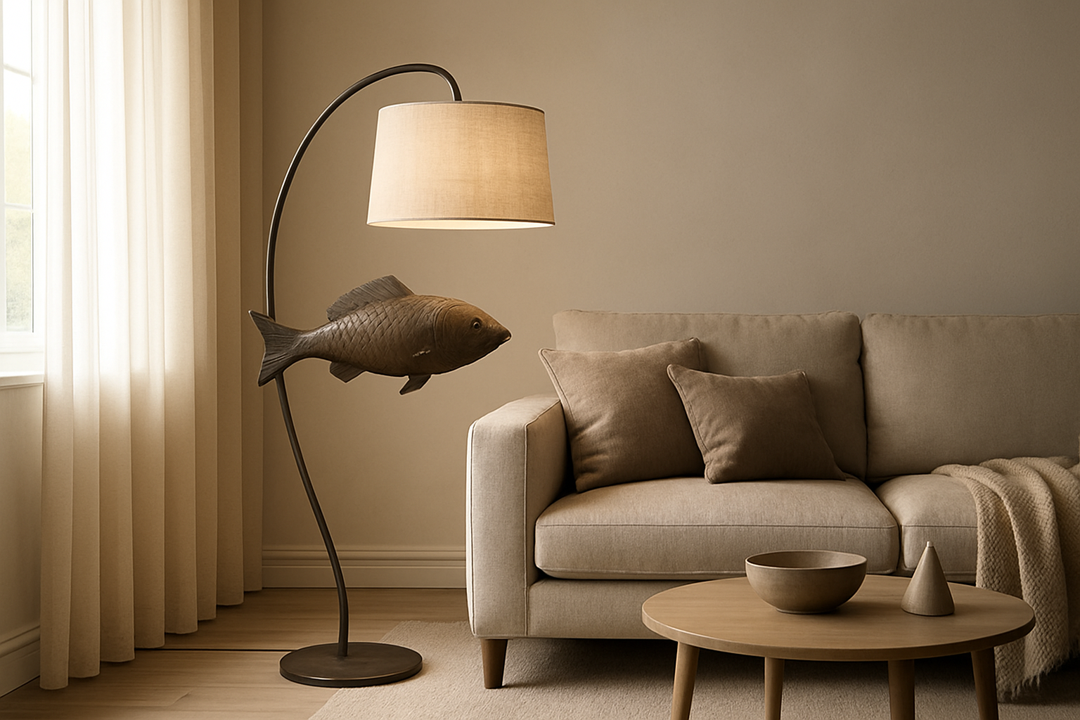 Poisson lampadaire design contemporain en métal noir avec abat-jour en lin placé près d'un canapé gris dans un salon lumineux