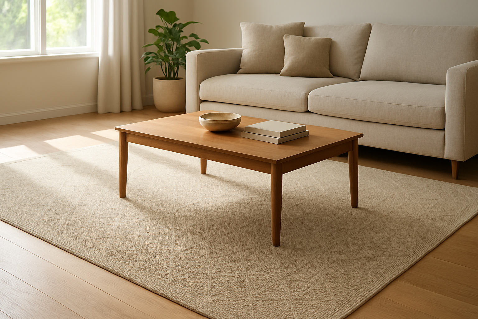 Grand tapis en polypropylène beige à motif géométrique dans un salon moderne, sous une table basse en bois, avec lumière naturelle