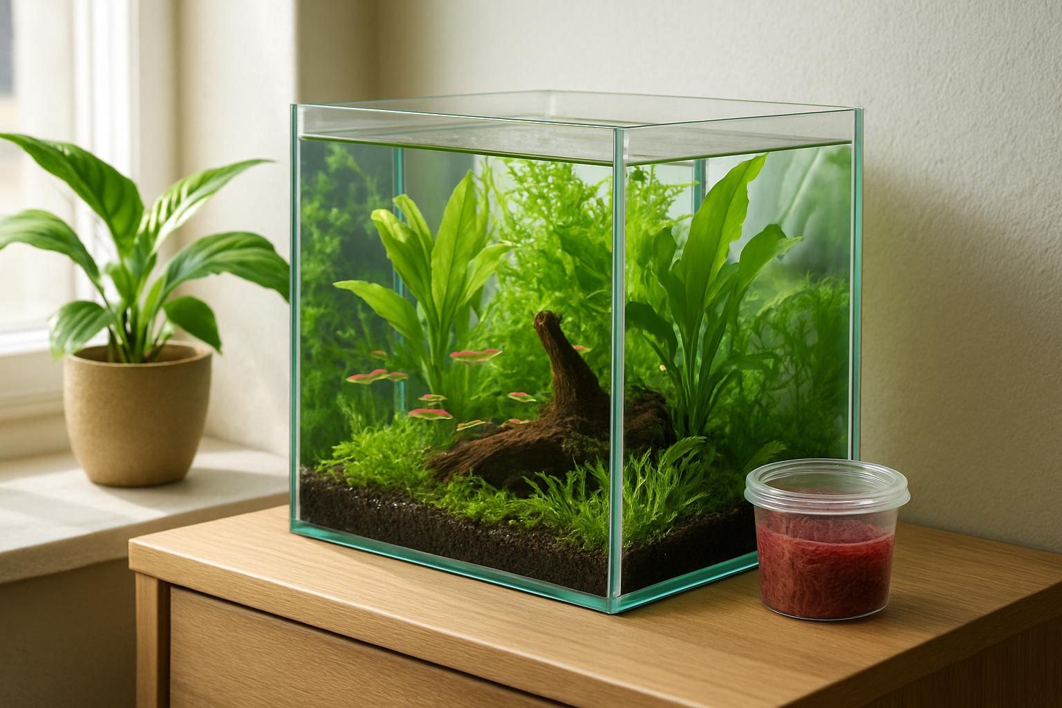 Aquarium d'eau douce avec plantes vertes et un petit récipient de vers de vase rouges (tubifex) posé à côté, éclairage naturel.