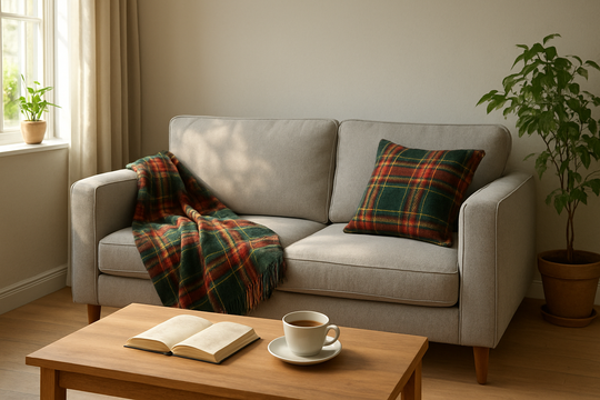 Intérieur cosy avec un plaid et un coussin au motif Wales Plaid Cymru sur un canapé gris, lumière naturelle, décoration moderne et chaleureuse.