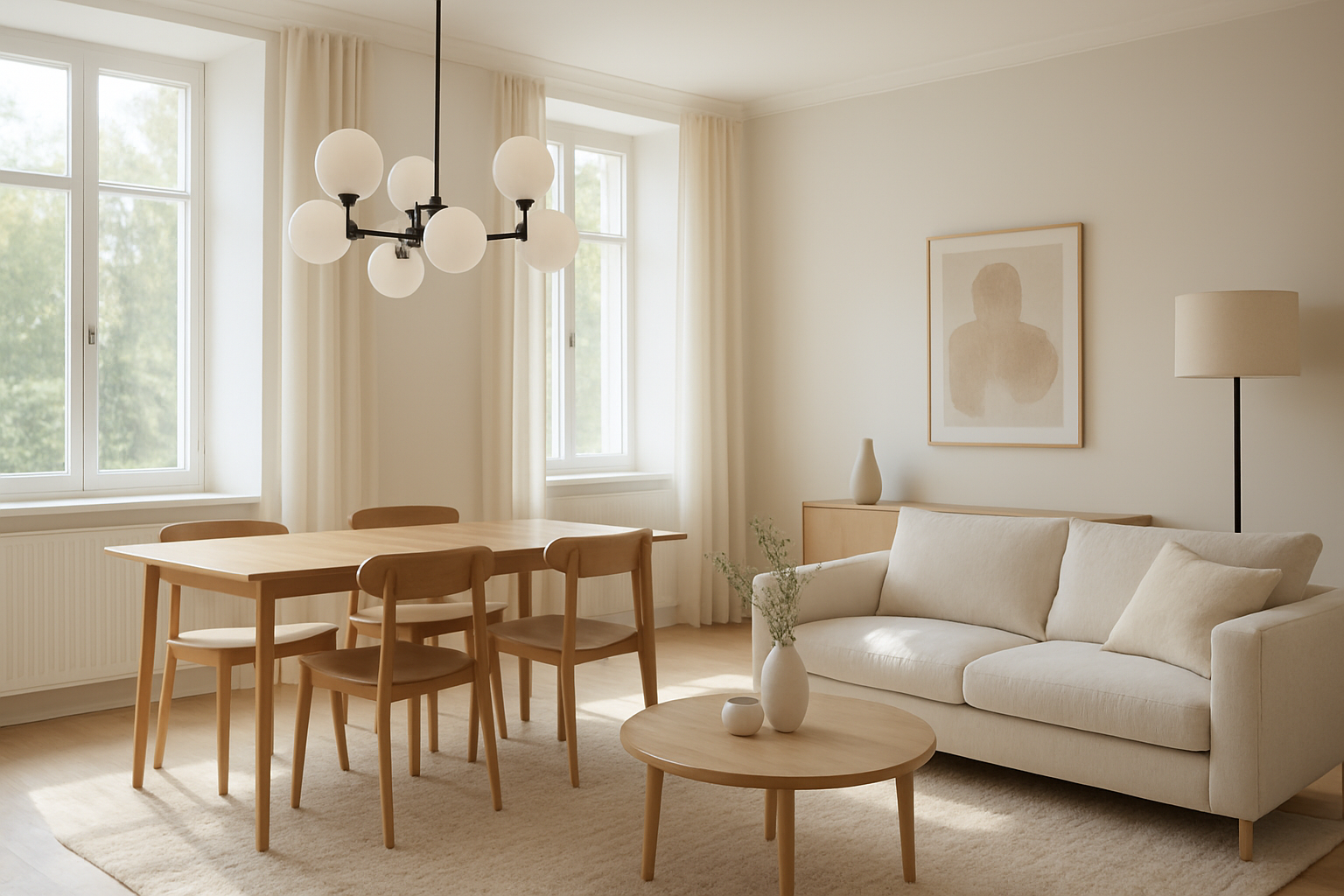 Salon lumineux avec un lustre design suspendu au-dessus d'une table en bois, une lampe à pied dans un coin, décoration minimaliste et luminaires tendance.