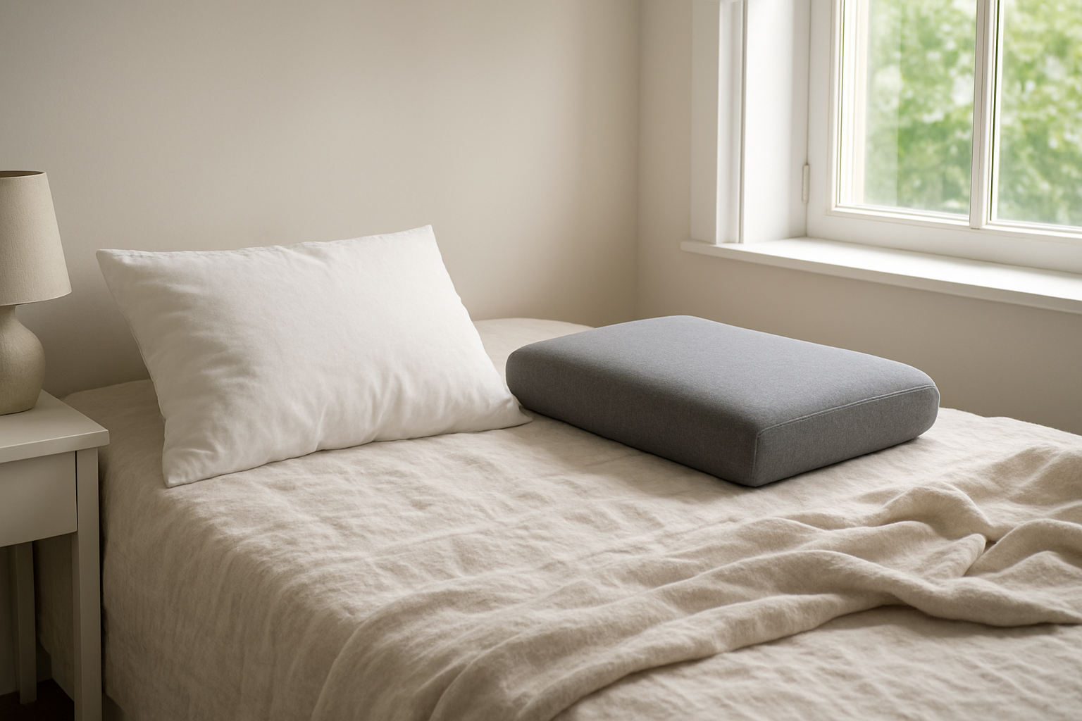Oreiller blanc en plumes et oreiller gris en mousse à mémoire de forme sur un lit avec draps en lin, lumière naturelle, ambiance apaisante