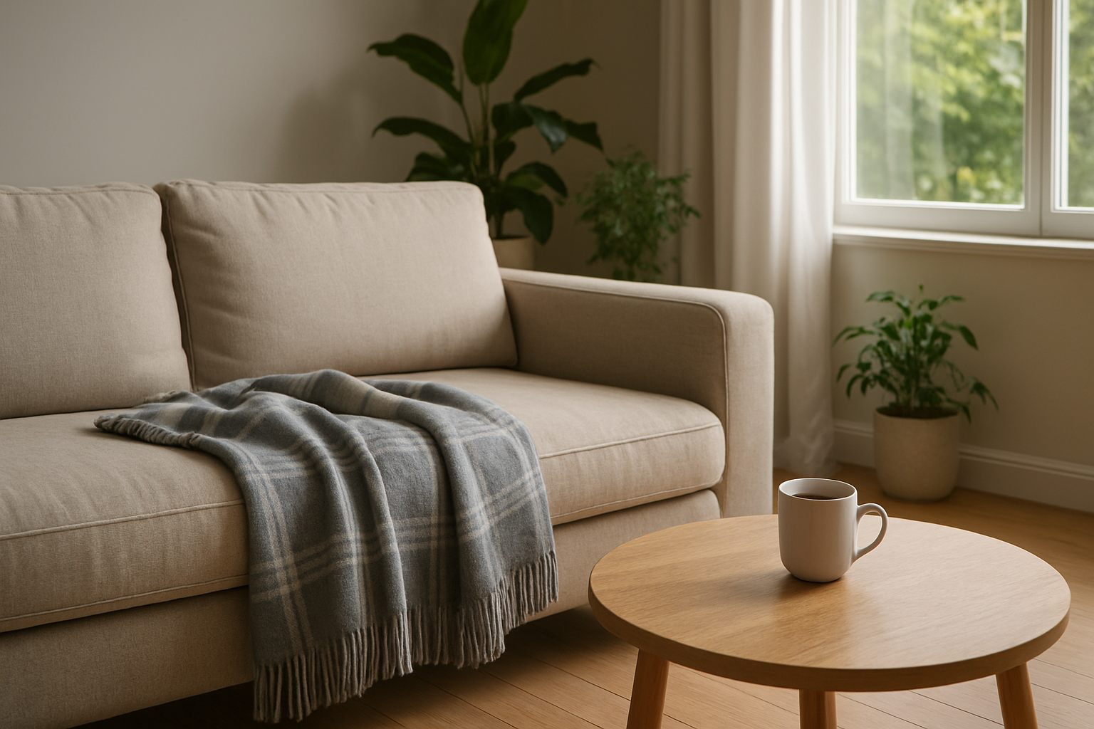 Salon lumineux avec un waro plaid en laine gris à motifs tartan drapé sur un canapé beige, table basse en bois et tasse de thé, plantes vertes, lumière naturelle.