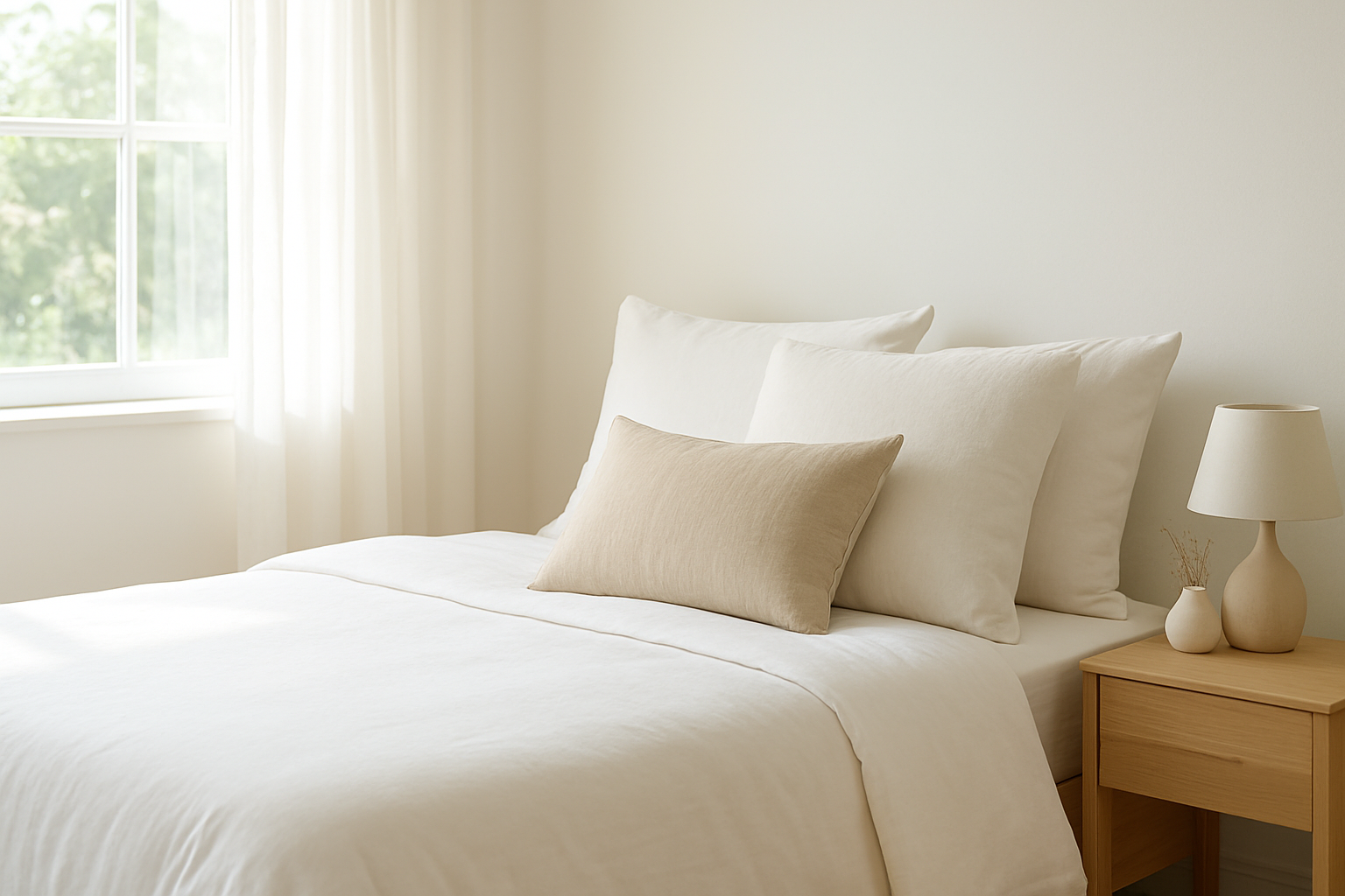 Lit bien fait avec deux oreillers de tailles standards rectangulaire 50x70 et carré 60x60, linge de lit blanc, lumière naturelle, décoration intérieure élégante.