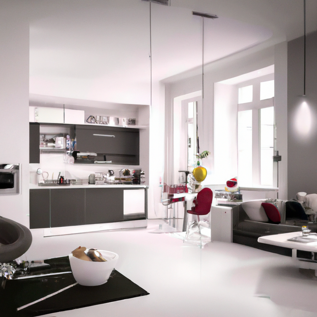 Cuisine moderne épurée avec meubles gris, touches rouges et blanc. Ambiance lumineuse et minimaliste.