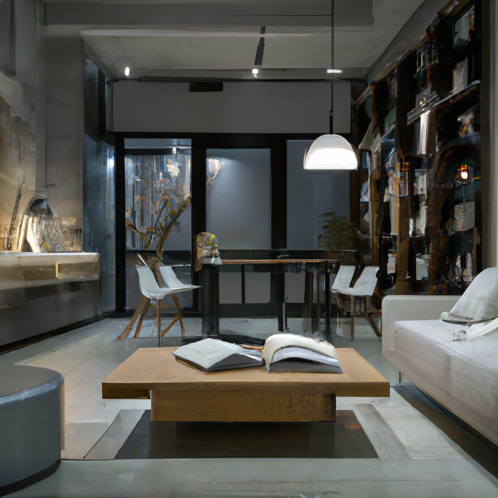 Intérieur moderne avec murs gris, mobilier en bois, table basse en bois, chaises blanches et éclairage minimaliste.
