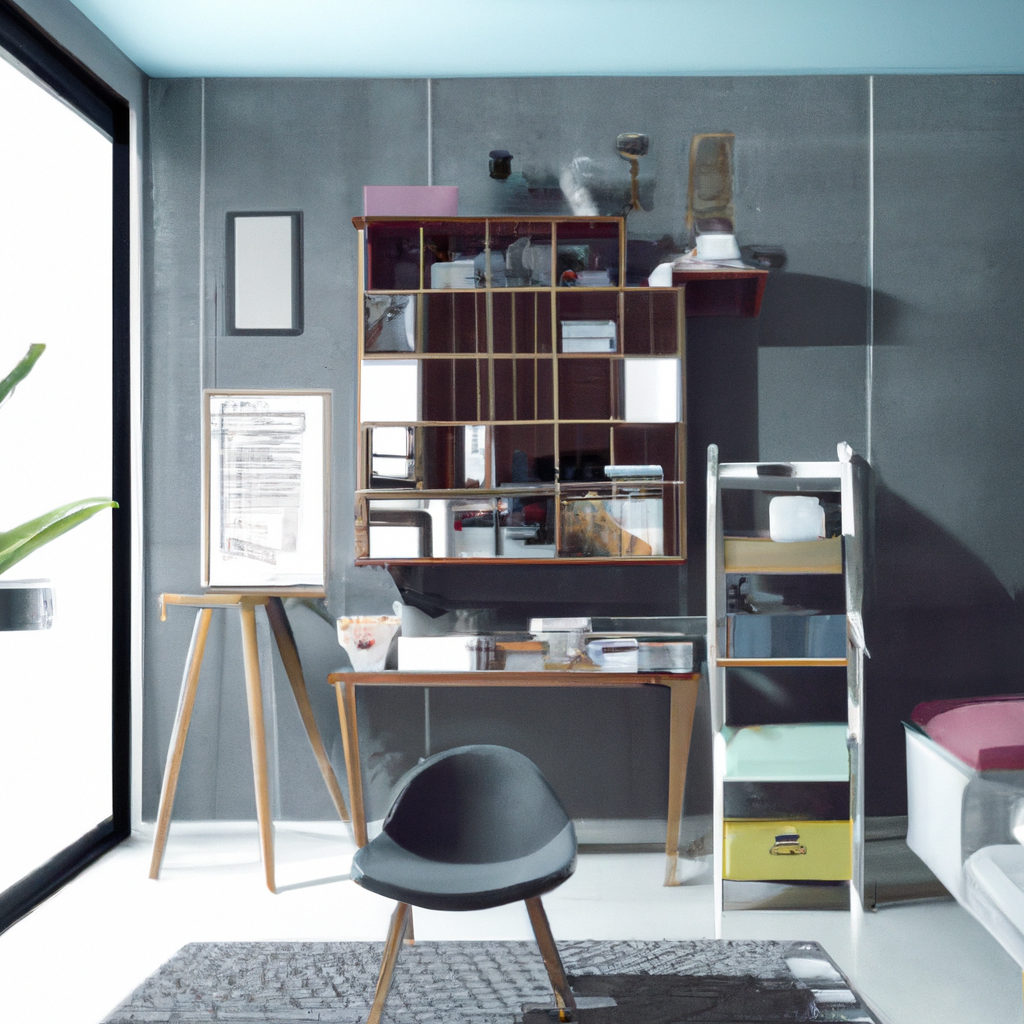 Intérieur moderne avec mur gris, étagère en bois, bureau minimaliste, chaise design noire, ambiance lumineuse.