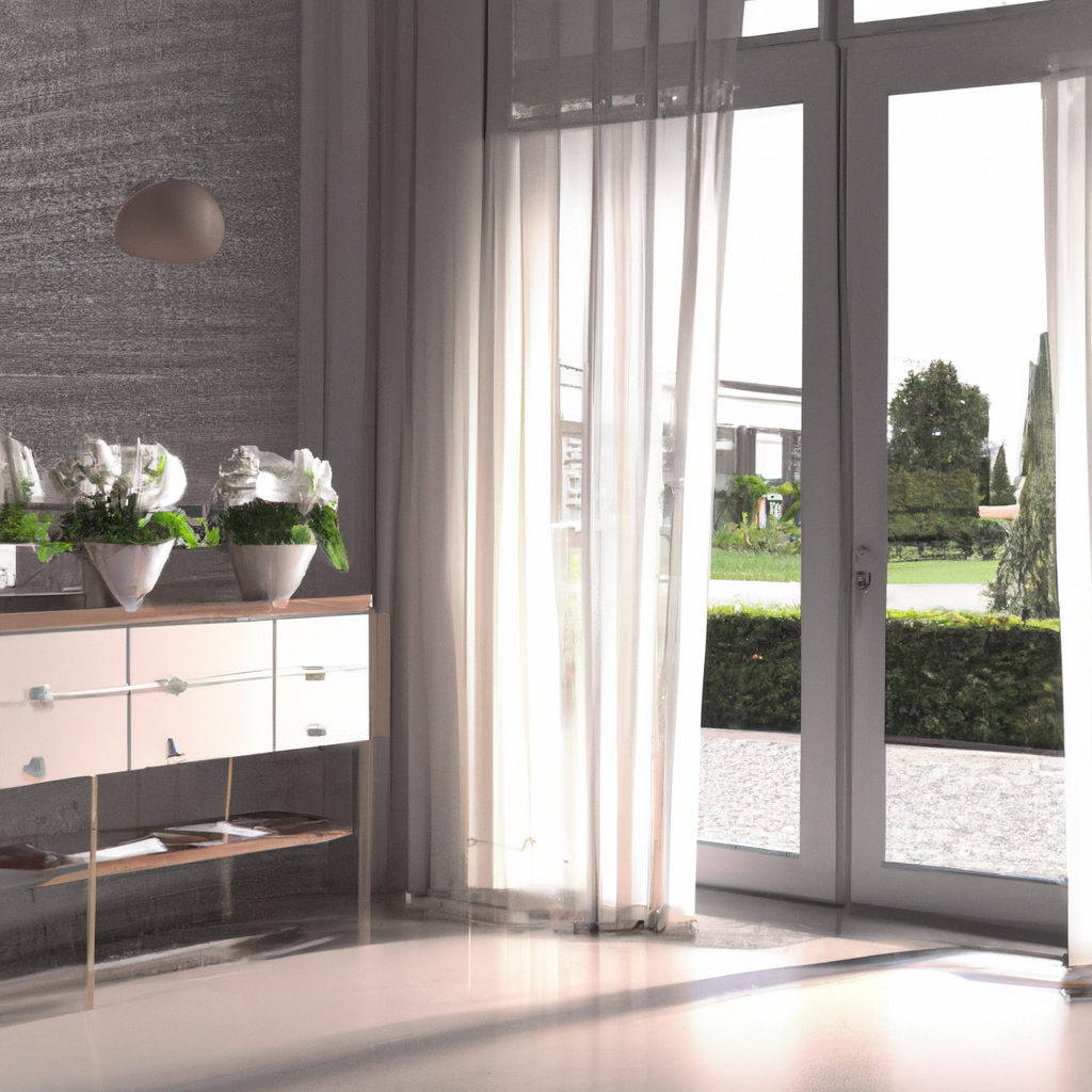 Intérieur moderne lumineux avec console blanche, rideaux légers, plantes vertes et vue sur jardin, ambiance zen et épurée.