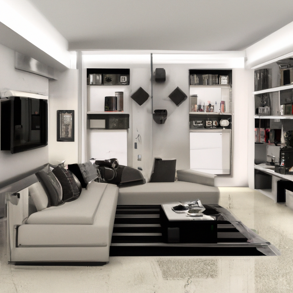 Salon moderne minimaliste avec canapé gris, tapis noir et blanc, étagères épurées et ambiance lumineuse.