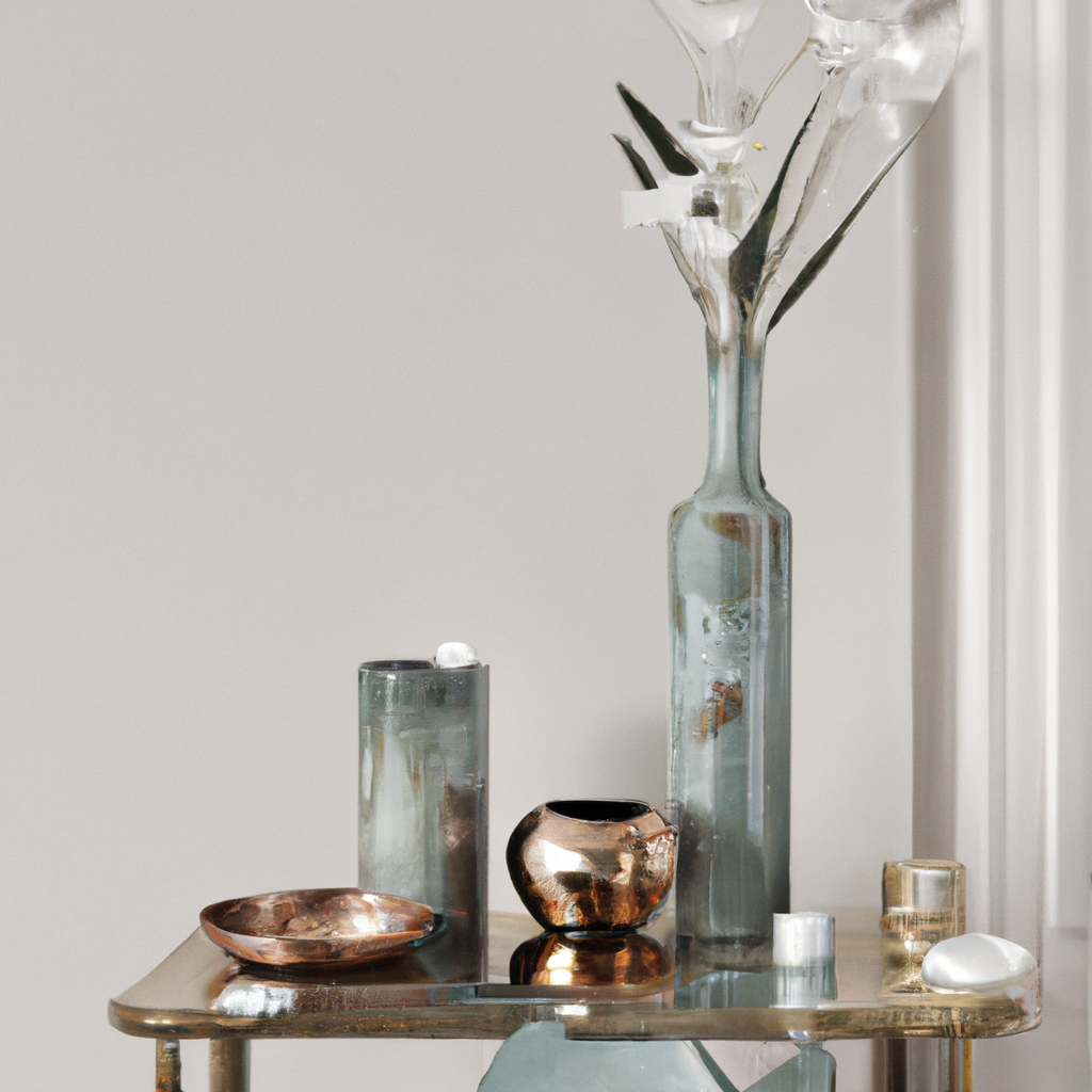 Décoration moderne avec vase en verre, bougeoirs et coupelle en cuivre, ambiance minimaliste et élégante.