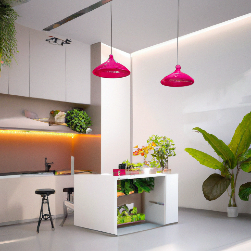 Cuisine moderne avec îlot blanc, luminaires rose vif, plantes intérieures, ambiance minimaliste et lumineuse.