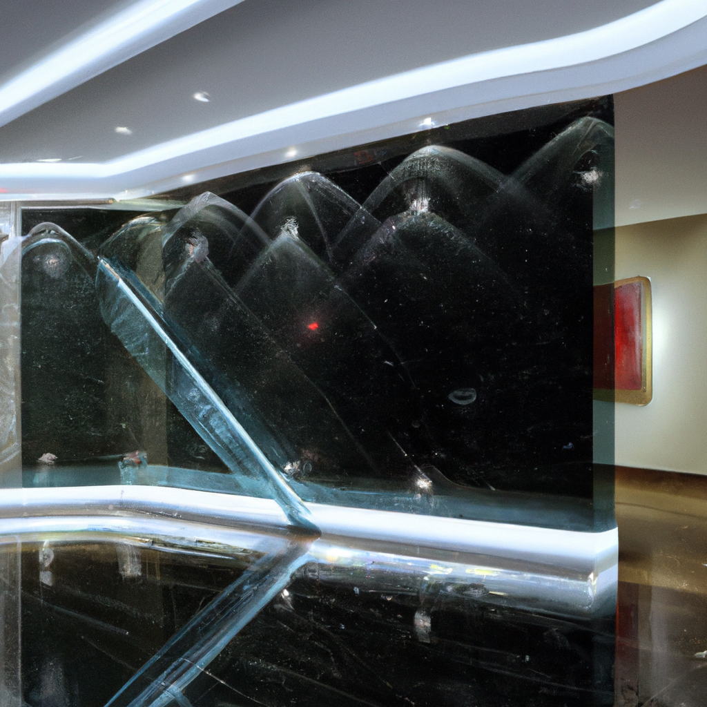 Intérieur moderne avec mur en verre, éclairage LED, ambiance élégante et minimaliste, reflets sombres et motifs fluides.