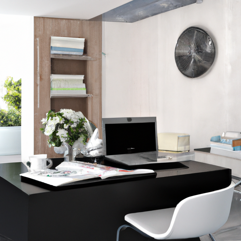 Bureau moderne avec chaises blanches, meuble en bois clair, ordinateur portable et vase de fleurs. Ambiance épurée et lumi...
