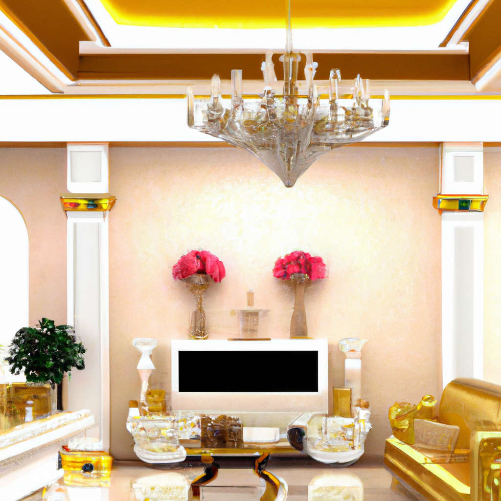 Intérieur chic avec dorures, salon élégant, canapé doré, chandelier en cristal, décor floral rose, ambiance luxueuse.