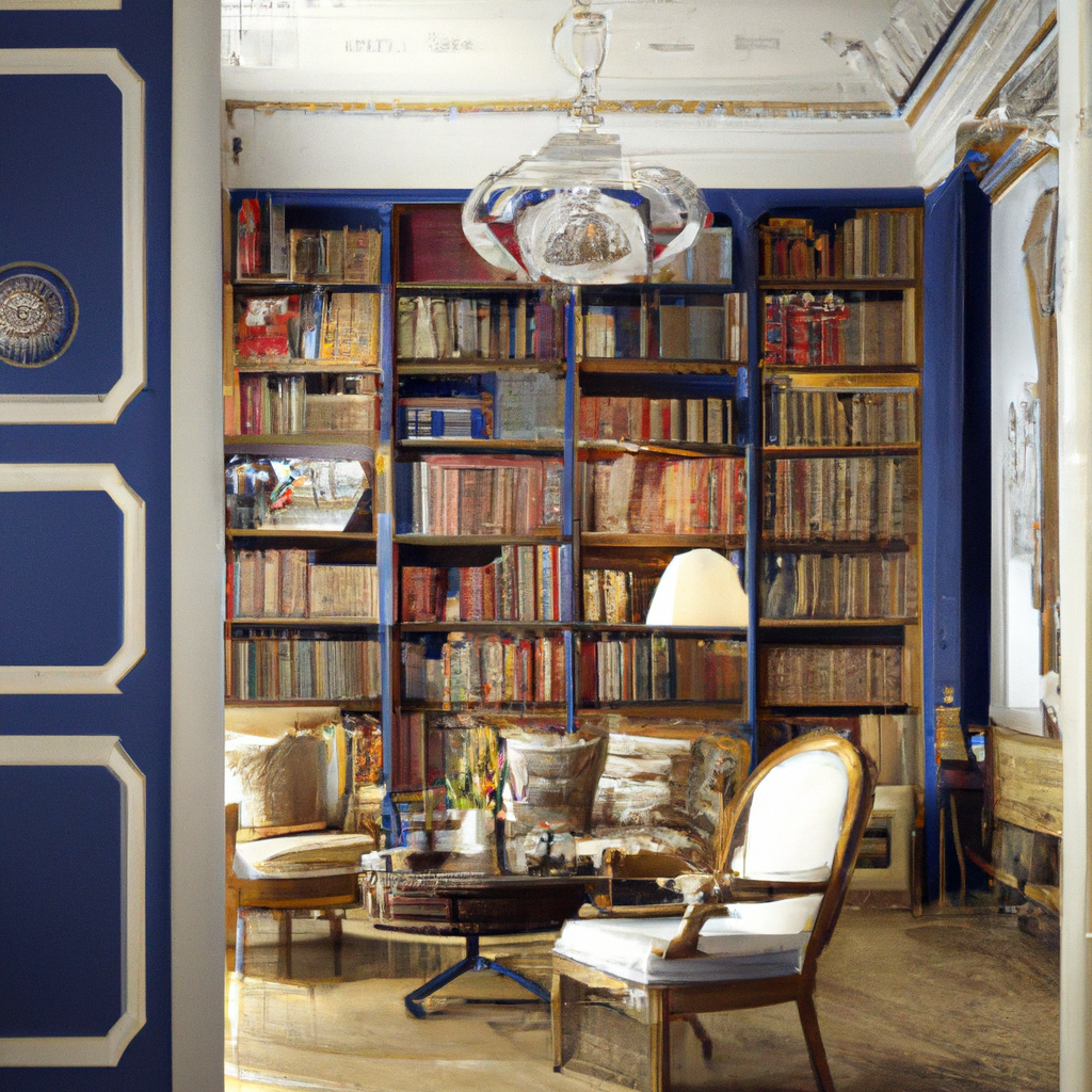 Salon élégant avec bibliothèque bleue, fauteuils en cuir blanc, lumière douce et ambiance vintage chaleureuse.