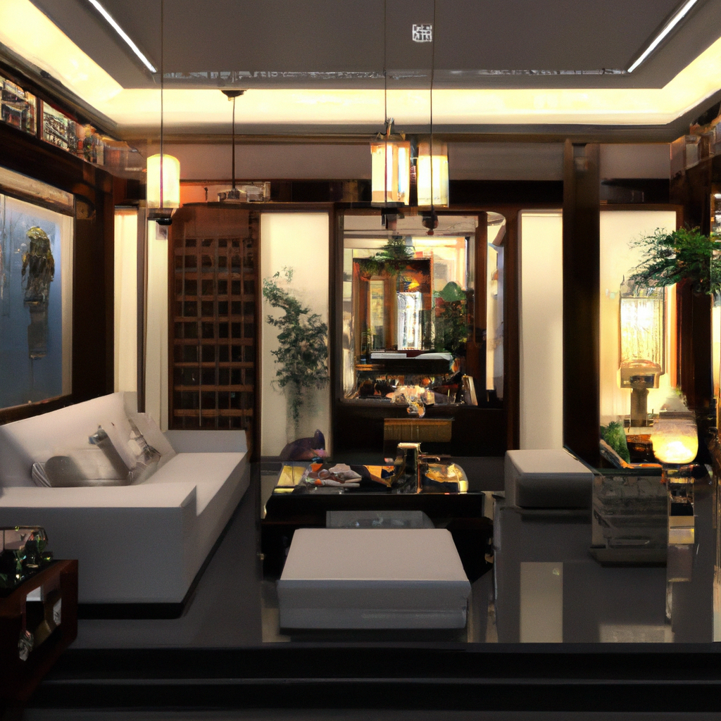 Intérieur moderne, canapé blanc, table en verre, éclairage chaleureux, décoration asiatique, ambiance zen et élégante.