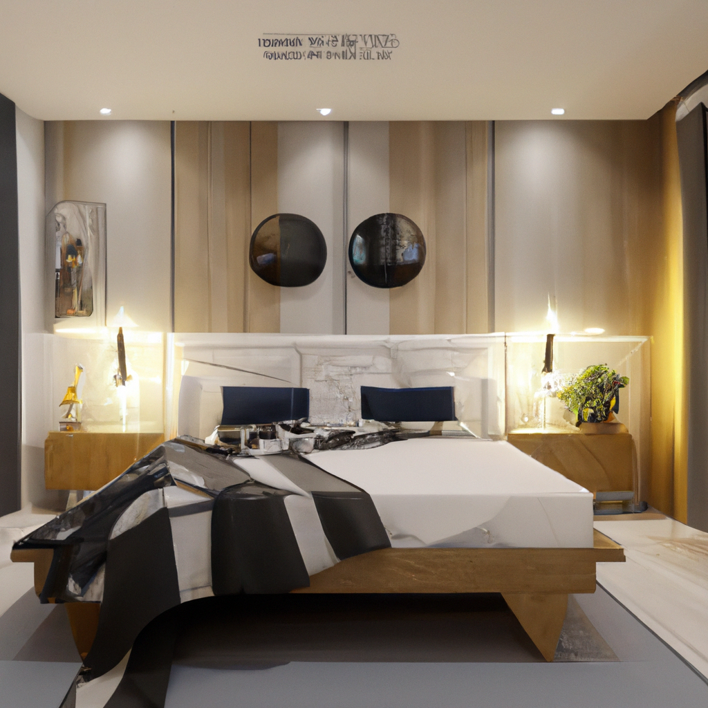 Chambre moderne minimaliste avec lit en bois, décoration monochrome, éclairage doux et touches de marbre.