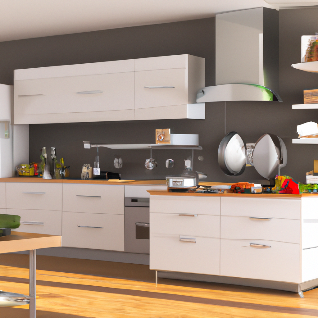 Cuisine moderne avec meubles blancs, plans de travail en bois et murs gris, ambiance épurée et fonctionnelle.