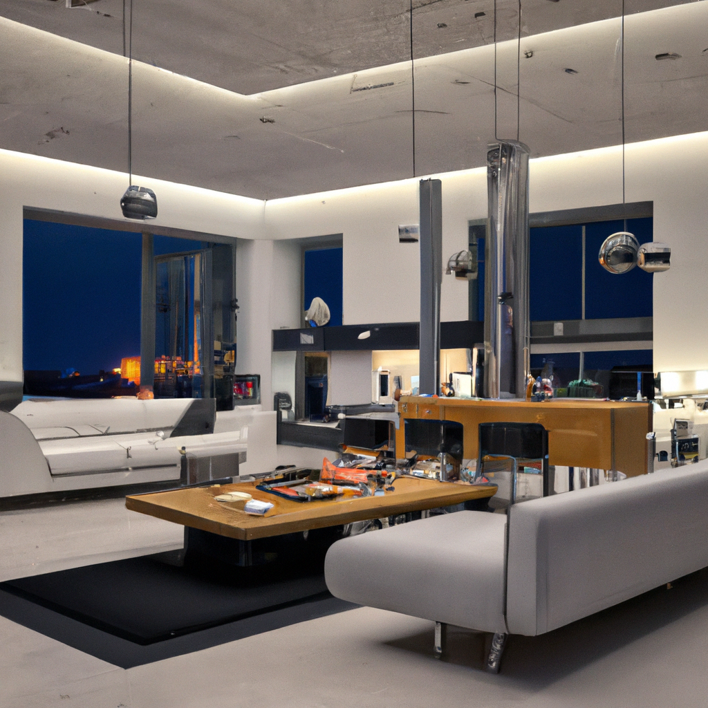 Intérieur moderne avec canapés blancs, table en bois, éclairage doux et vue sur la ville, ambiance minimaliste et contempo...