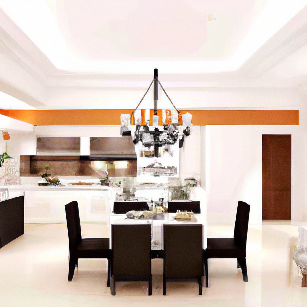 Intérieur moderne et épuré avec table blanche, chaises noires, lumière suspendue élégante et touches orange.