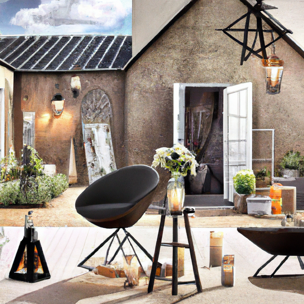 Décoration extérieure moderne avec un fauteuil noir, plantes, lanternes et table en métal, ambiance conviviale et contempo...