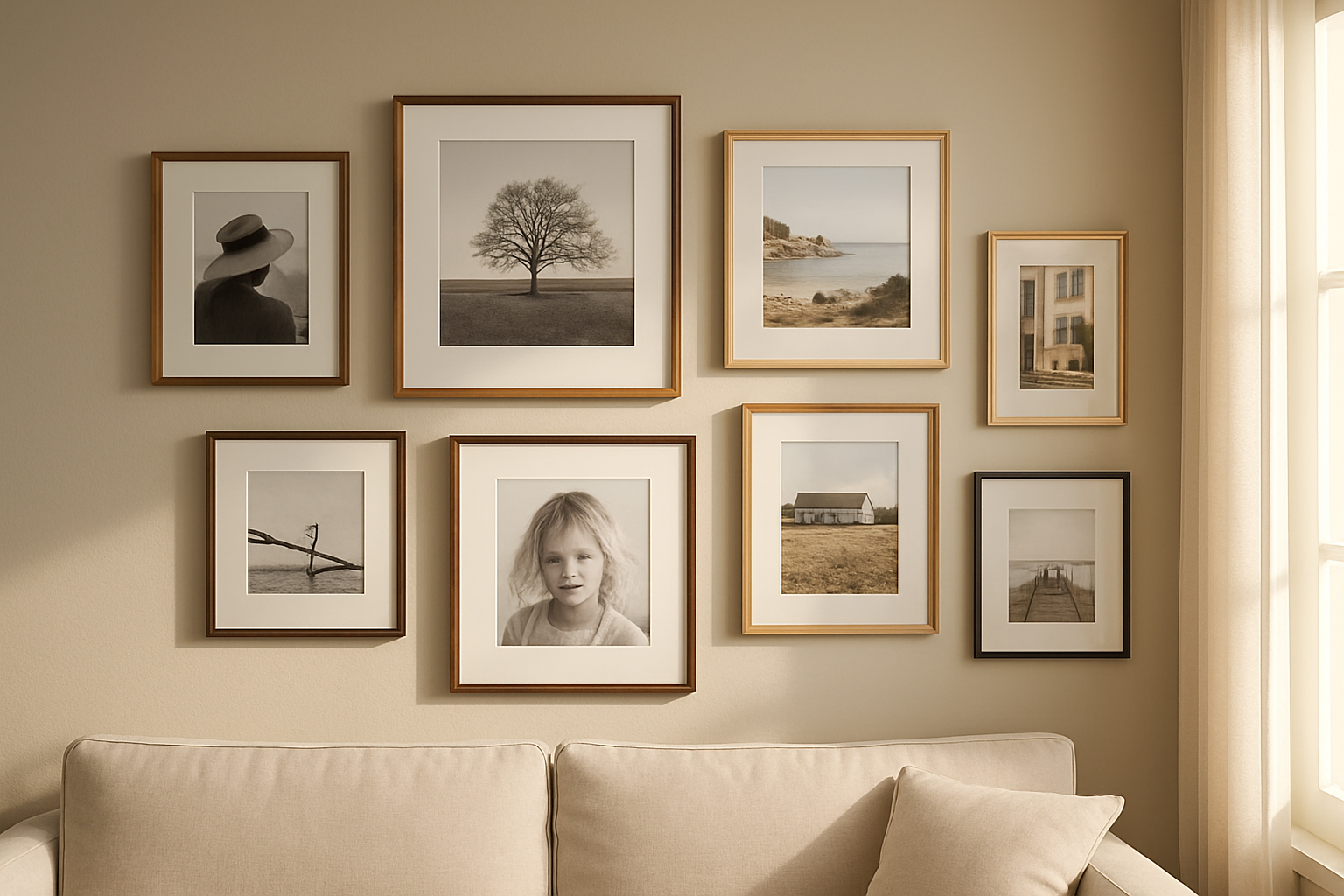 Galerie murale de photos encadrées de différents formats et styles dans un salon lumineux, avec cadres bois et métal, au-dessus d'un canapé moderne.