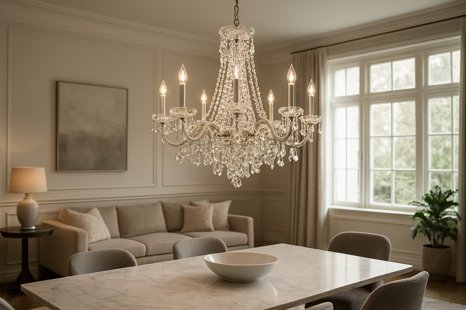 Lustre en cristal Seynave suspendu au-dessus d'une table en marbre dans un salon lumineux et élégant, avec lumière naturelle filtrant par les fenêtres.