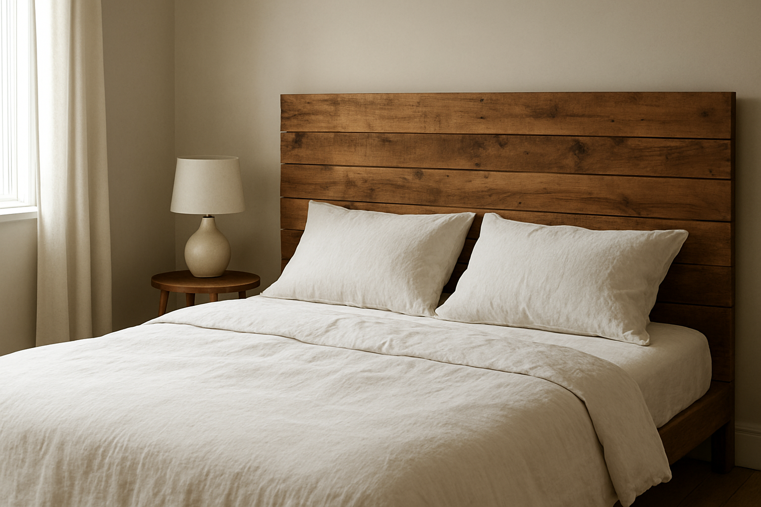 Tête de lit en bois brut dans une chambre scandinave avec linge de lit blanc et lumière naturelle