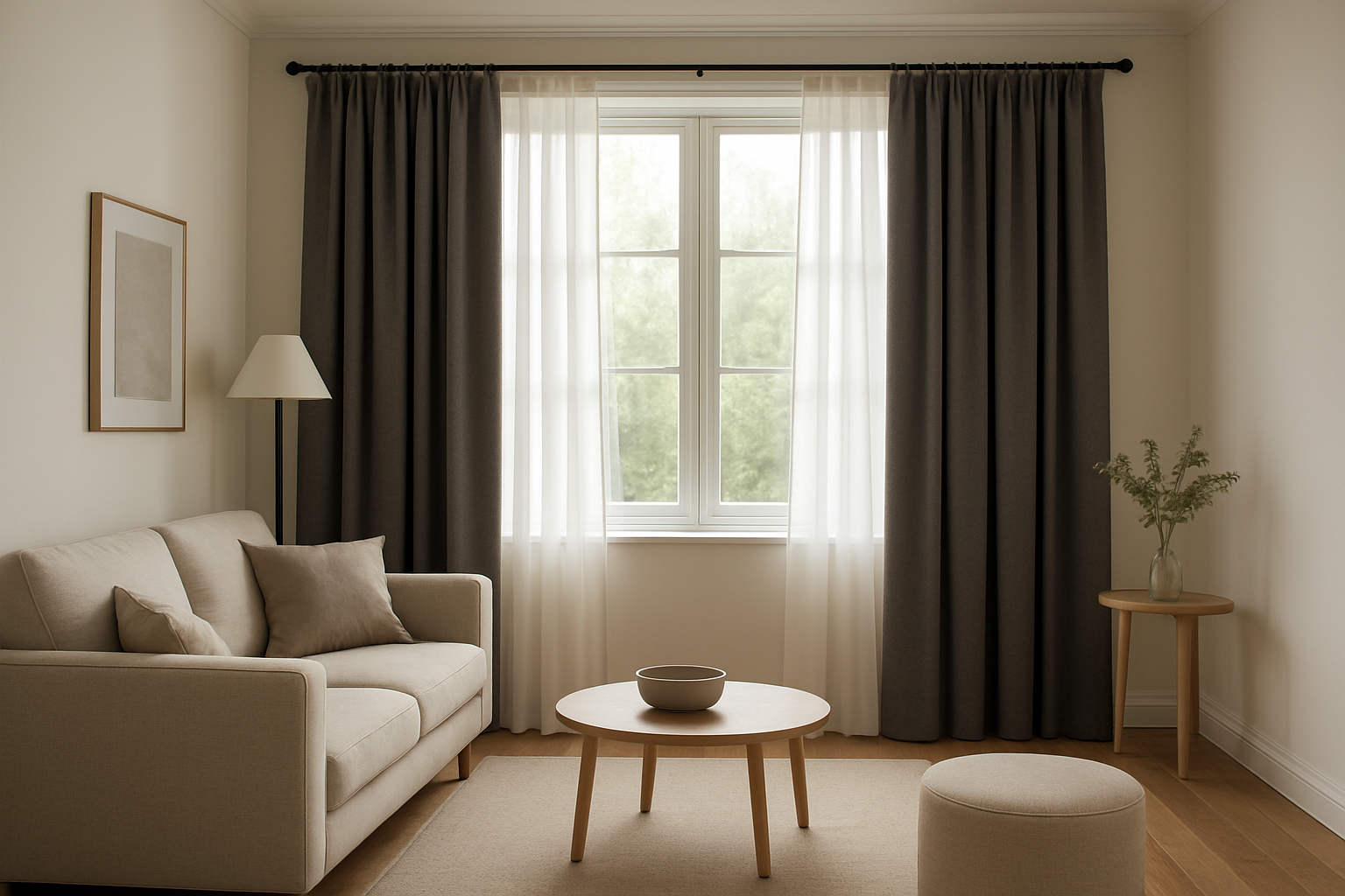 Voilage blanc et rideaux gris occultants suspendus à la même tringle métallique noire dans un salon lumineux au style moderne