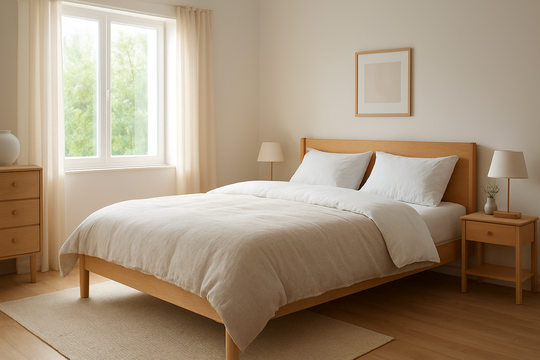 Lit 140x190 avec couette blanche 200x200 cm et housse de couette en lin beige dans une chambre lumineuse au style scandinave