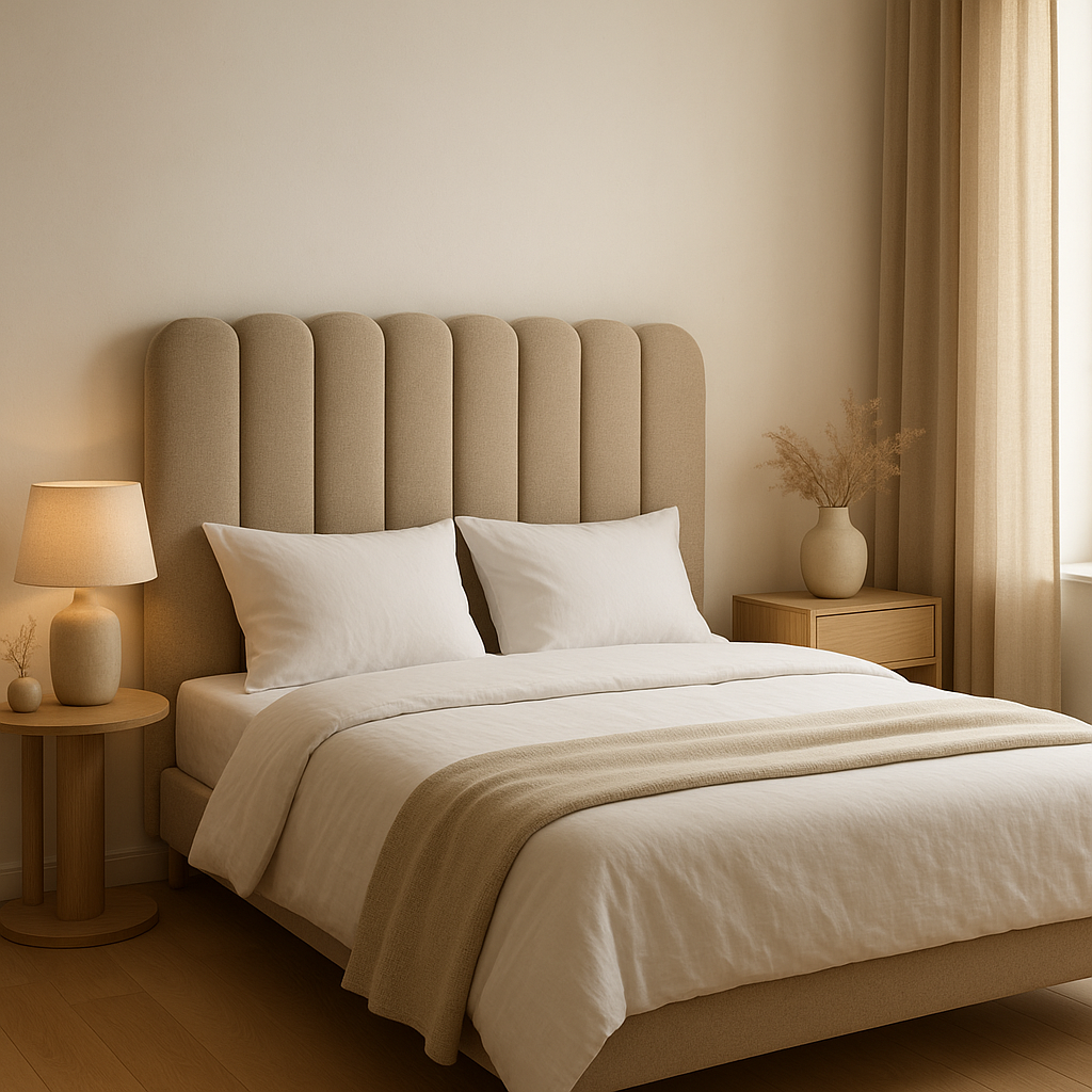 Tête de lit originale 160x200 en tissu pour chambre à coucher moderne et élégante.