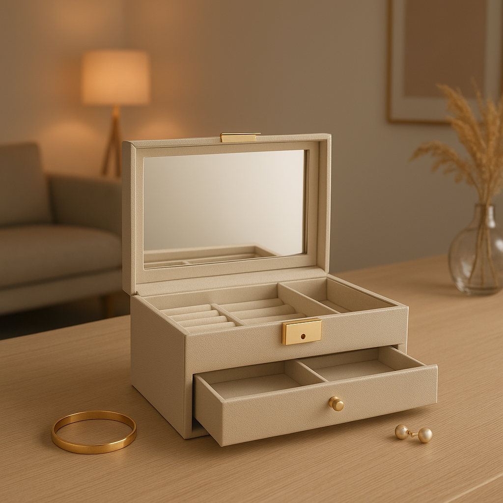 Boîte à bijoux luxe en bois avec miroir, idéale pour ranger et sublimer vos précieux accessoires.