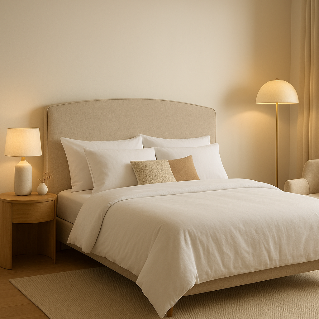 Tête de lit design en tissu pour chambre à coucher personnalisable
