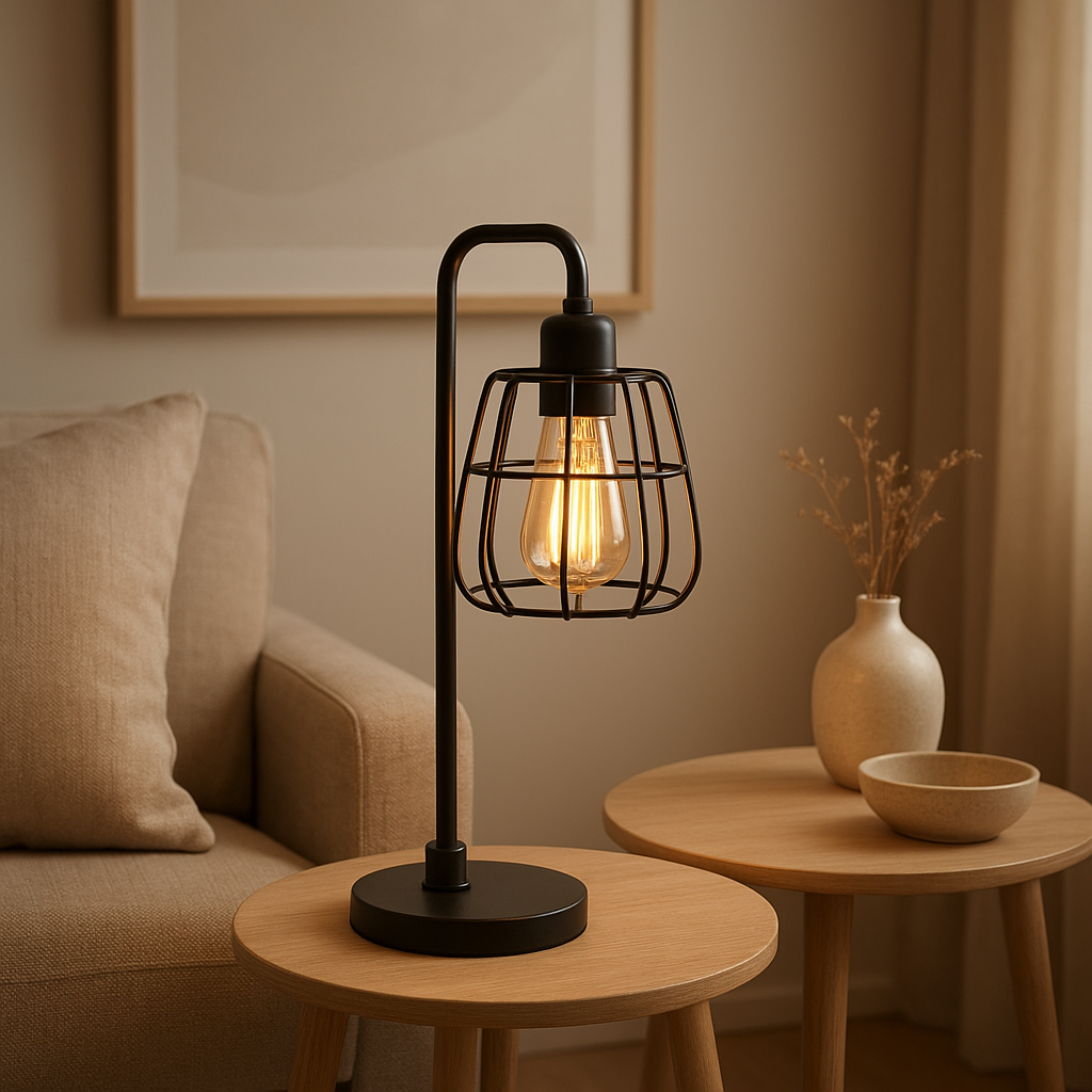 Lampe de chevet industrielle en métal noir avec abat-jour en tissu, design vintage pour chambre