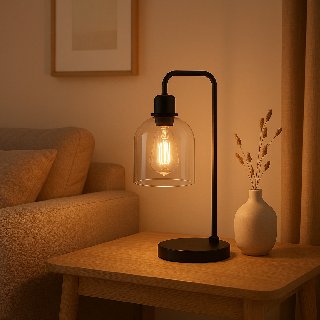 Lampe de chevet indus en métal noir avec abat-jour en verre dépoli, éclairage d'ambiance vintage.