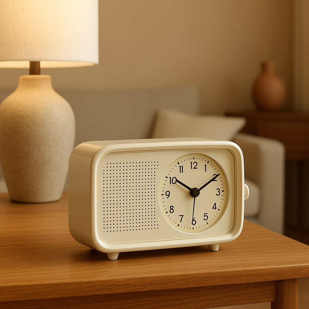 Radio réveil vintage rétro avec affichage numérique et bois, pour une décoration intérieure chaleureuse.