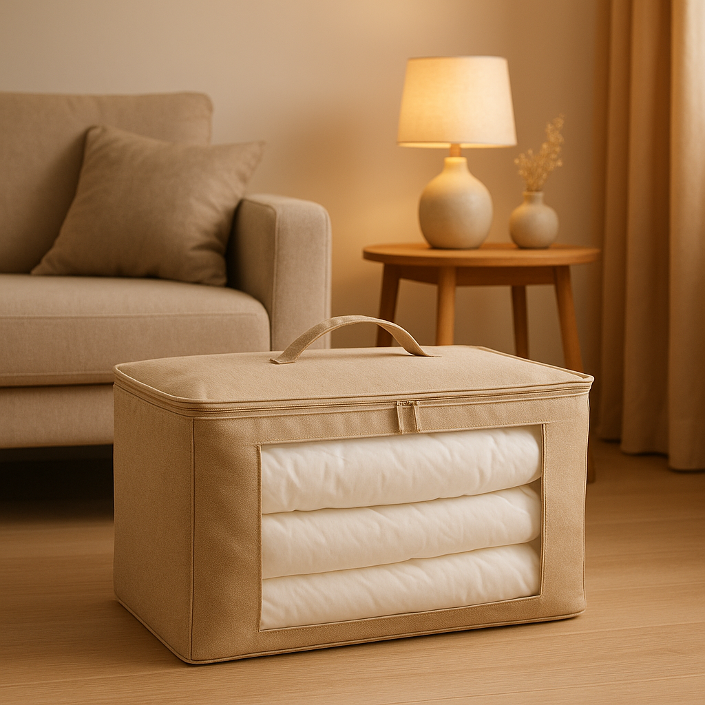 Housse de rangement pour couette imperméable, avec fenêtre de visibilité et poignée de transport.