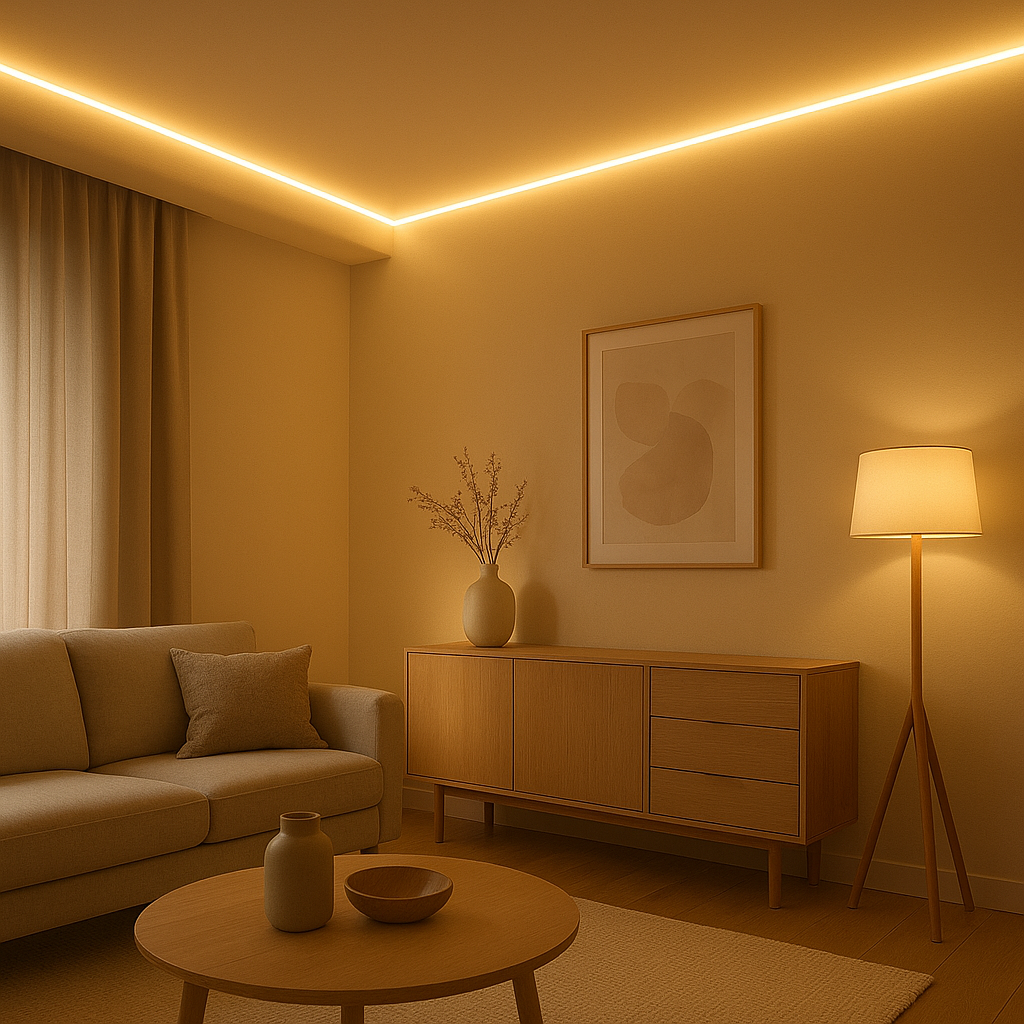 Ruban LED 220V prêt à brancher pour un éclairage intérieur décoratif et facile à installer.