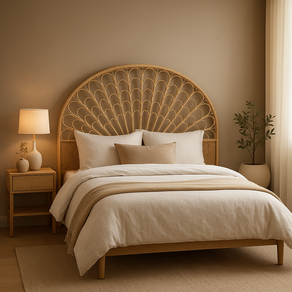 Tête de lit en rotin naturel 160 cm, design bohème et artisanal pour une chambre cosy