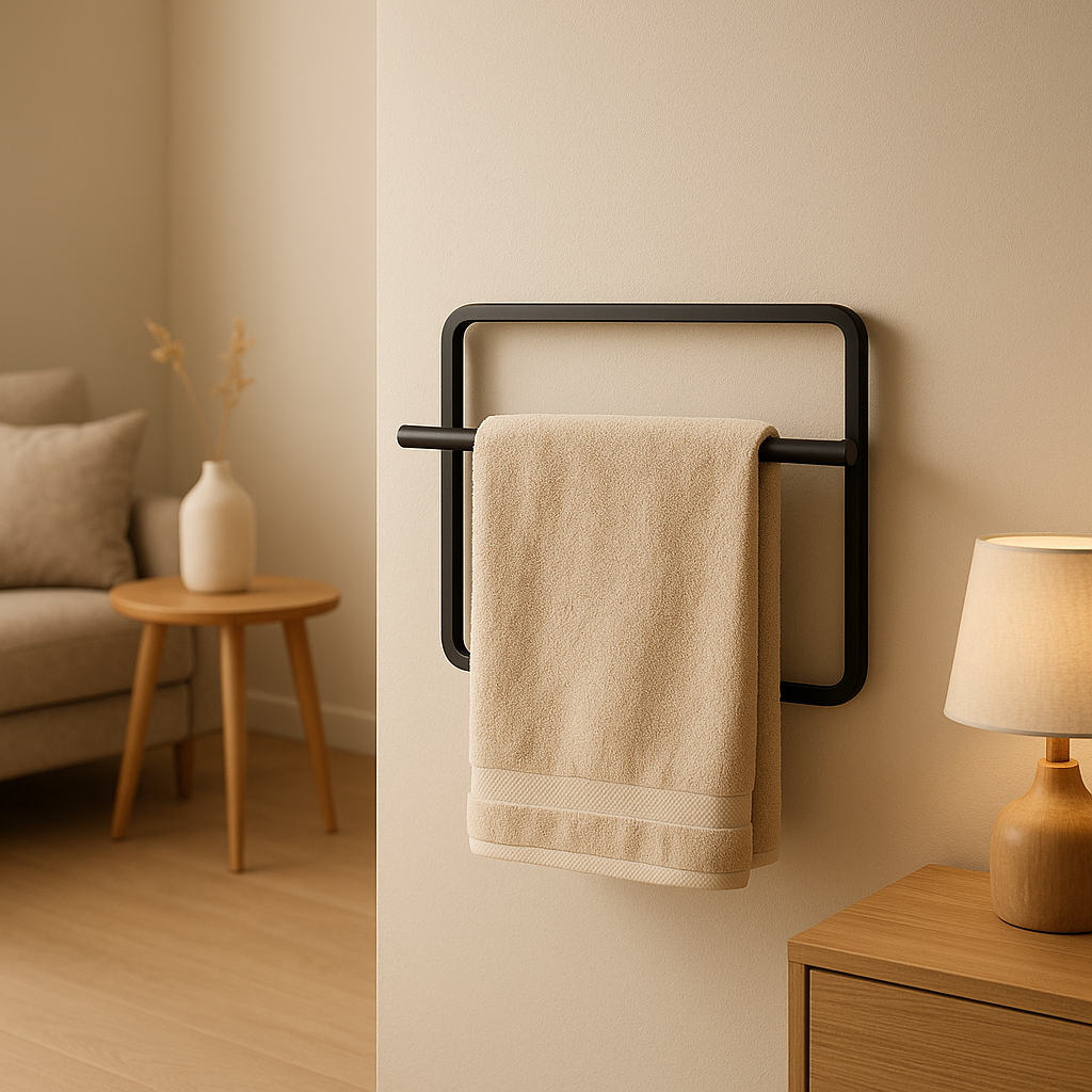 Porte-serviette mural design pour salle de bain, gain de place et rangement pratique.
