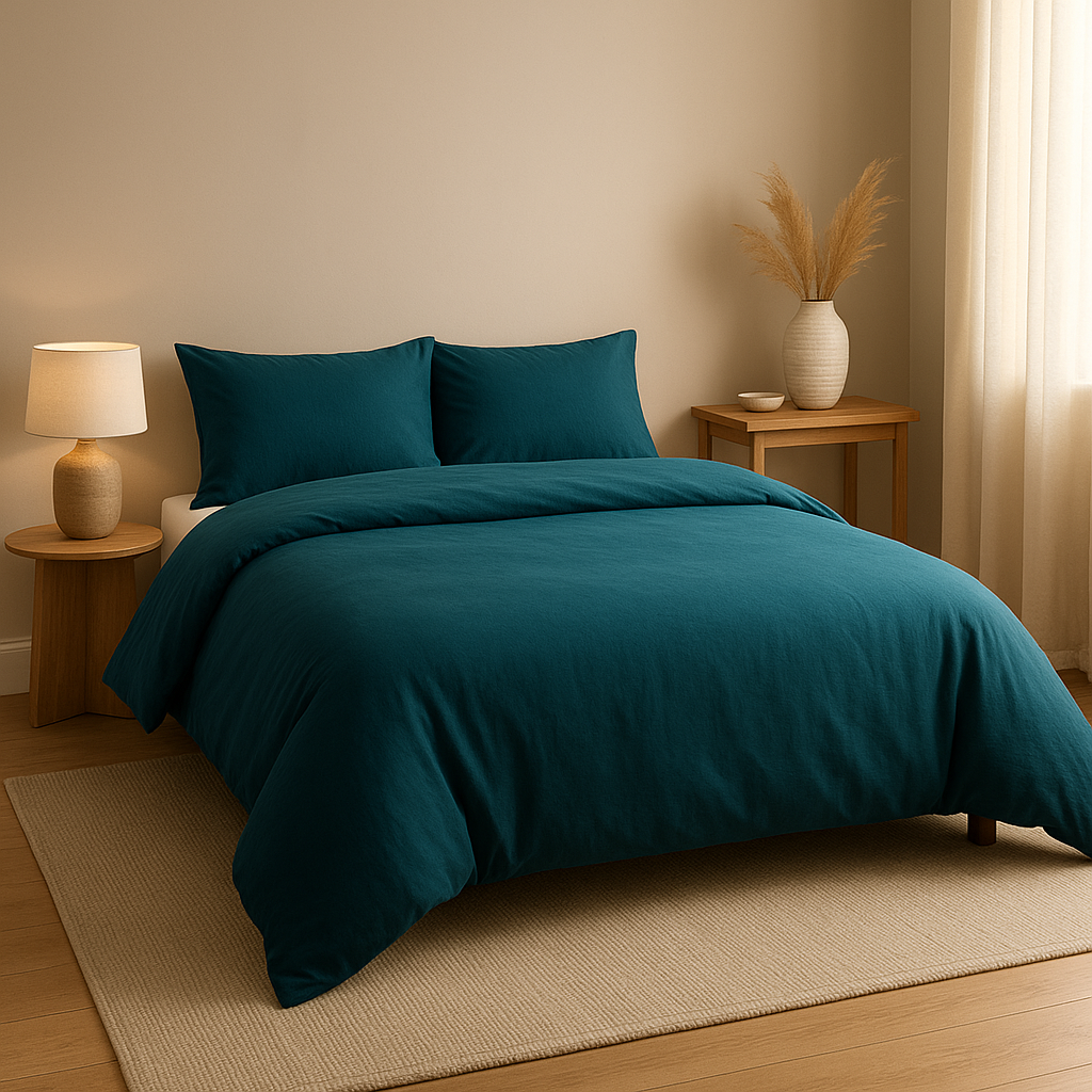 Housse de couette bleu canard en coton percale, pour une chambre paisible et élégante.