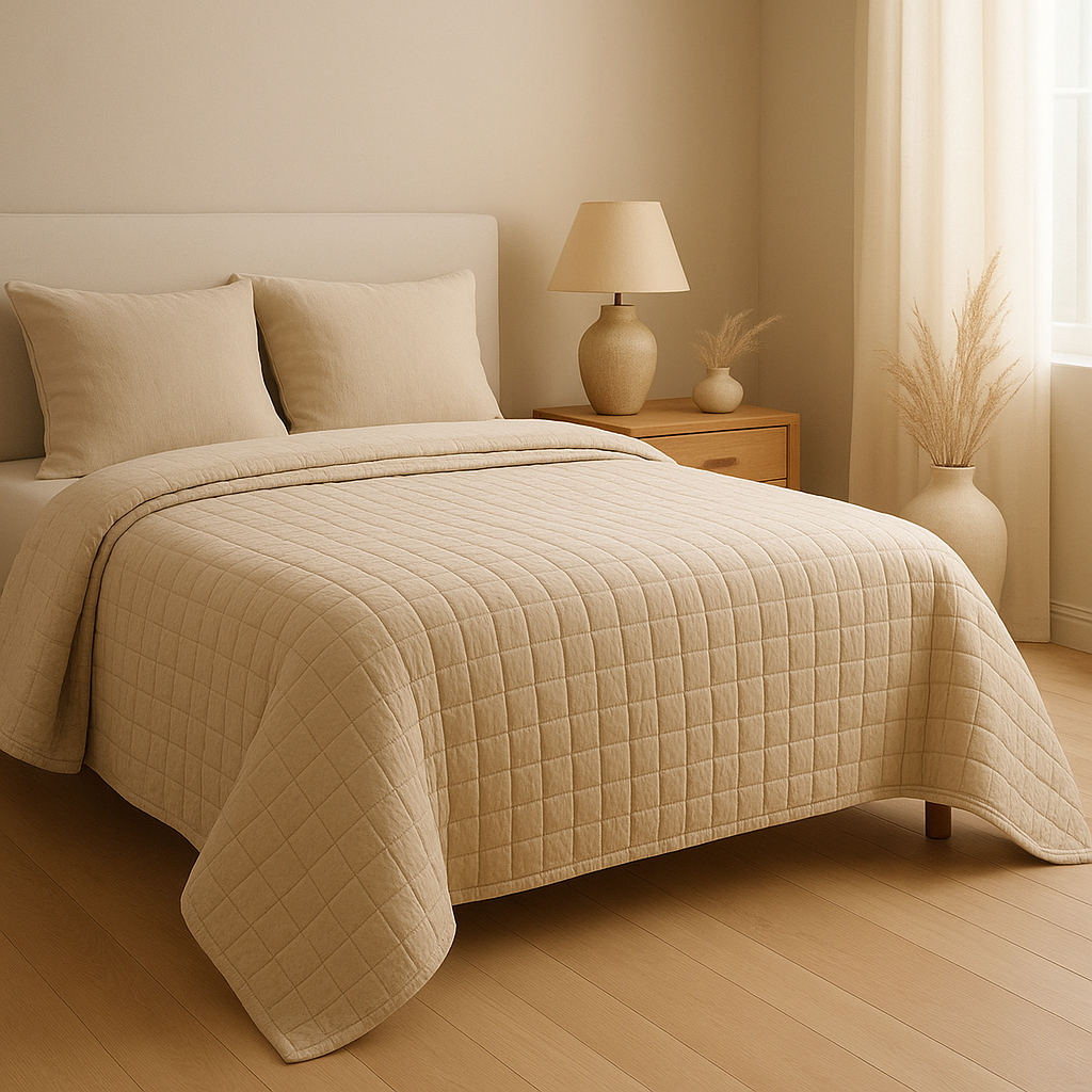 Couvre-lit beige en tissu léger, parfait pour une déco de chambre apaisante et élégante.