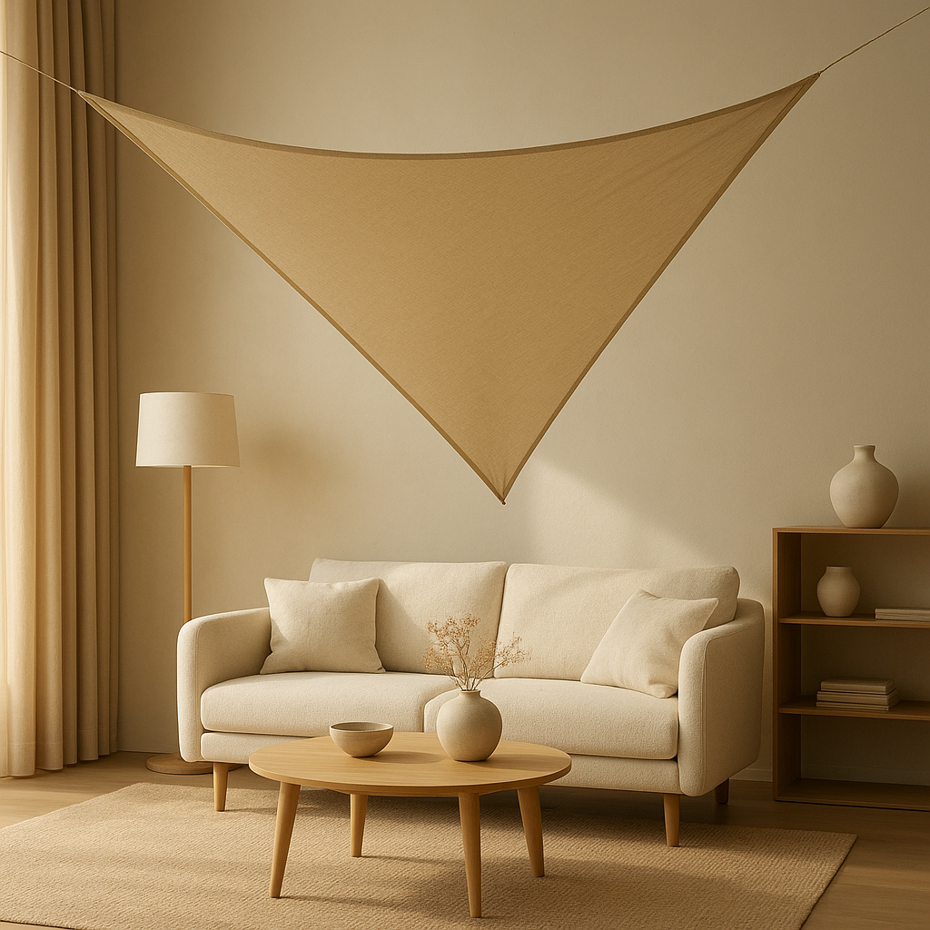 Voile d'ombrage triangulaire pour terrasse et jardin, protection solaire élégante et ajustable.