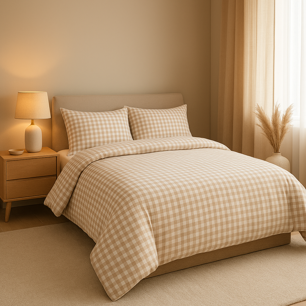 Housse de couette vichy bleu et blanc, motif à carreaux pour une déco de chambre apaisante et intemporelle.