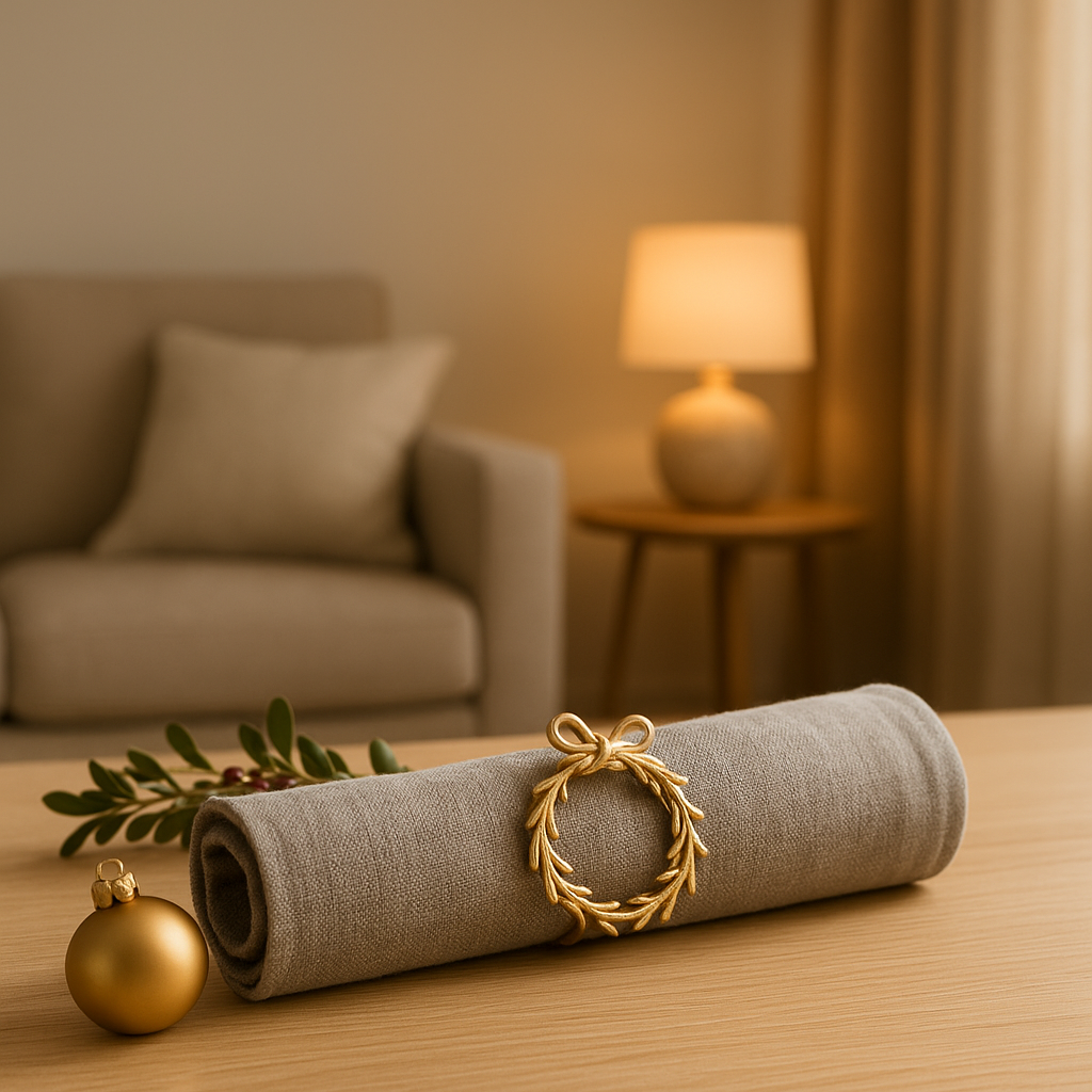 Rond de serviette de Noël élégant en métal doré, pour une décoration de table de fête raffinée.