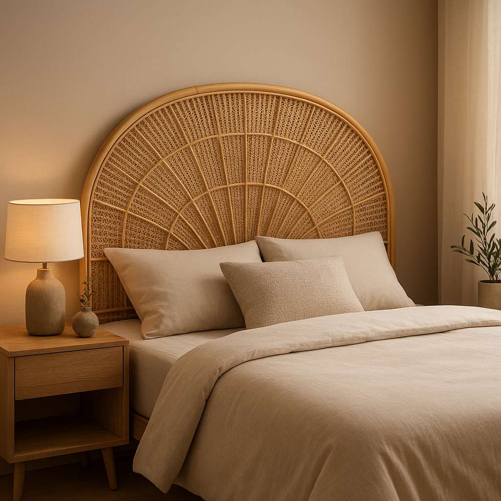 Tête de lit en rotin 180 cm, tête de lit en osier naturel pour une chambre bohème et chaleureuse.