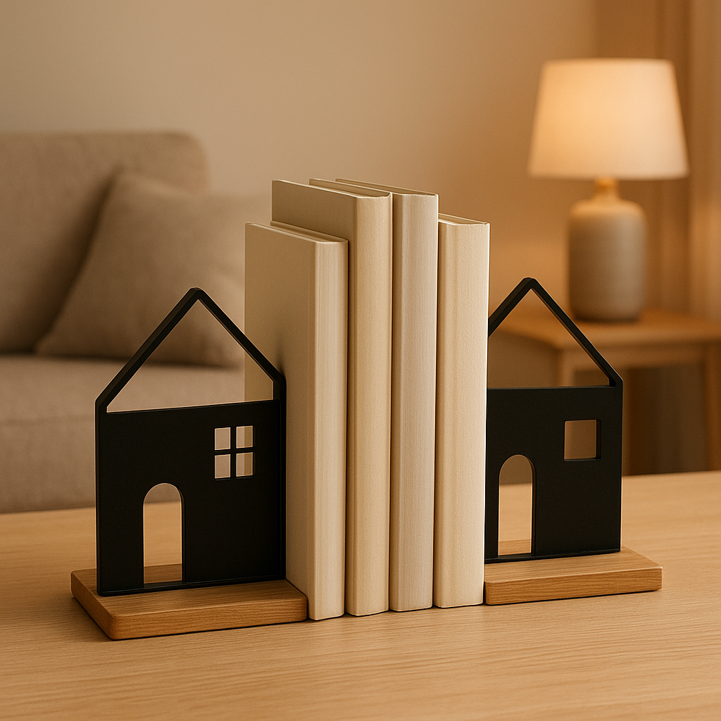 Maquette serre-livres design en métal pour ranger et décorer votre bibliothèque ou étagère.
